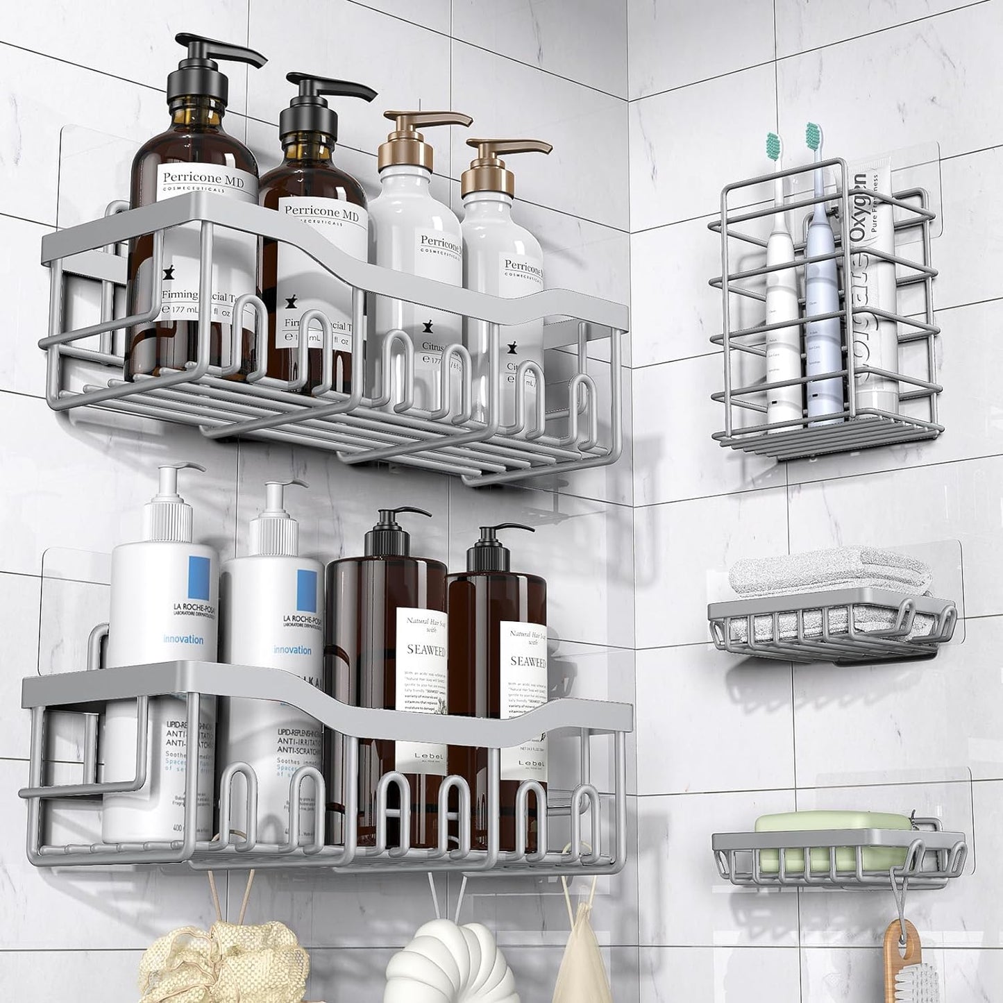 EUDELE 5-Pack Rustproof Stainless Steel Shower Caddy Set– No Drill Adhesive Bathroom Organizer, Space-Saving Shower Shelves for Apartment Essentials, Bathroom/Kitchen Storage Home Decor-L Size