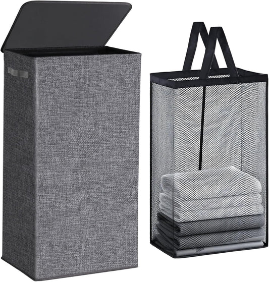 Collapsible Laundry Hamper with Lid 100L, Large Laundry Basket with Removable Mesh Bag for Bedroom, Bathroom,Closet, Dorm(Grey)