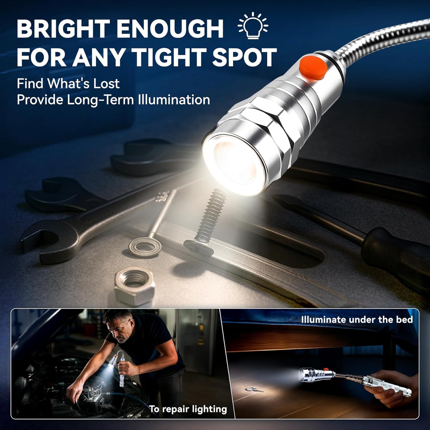 VIBELITE Extendable Magnetic Flashlight with Telescoping Magnet Pickup Tool-Cool Gadget Christmas Gifts Stocking Stuffers for Men, Teen Boys, Husband, Dad, Father, Mechanic, Him, Women, Silver