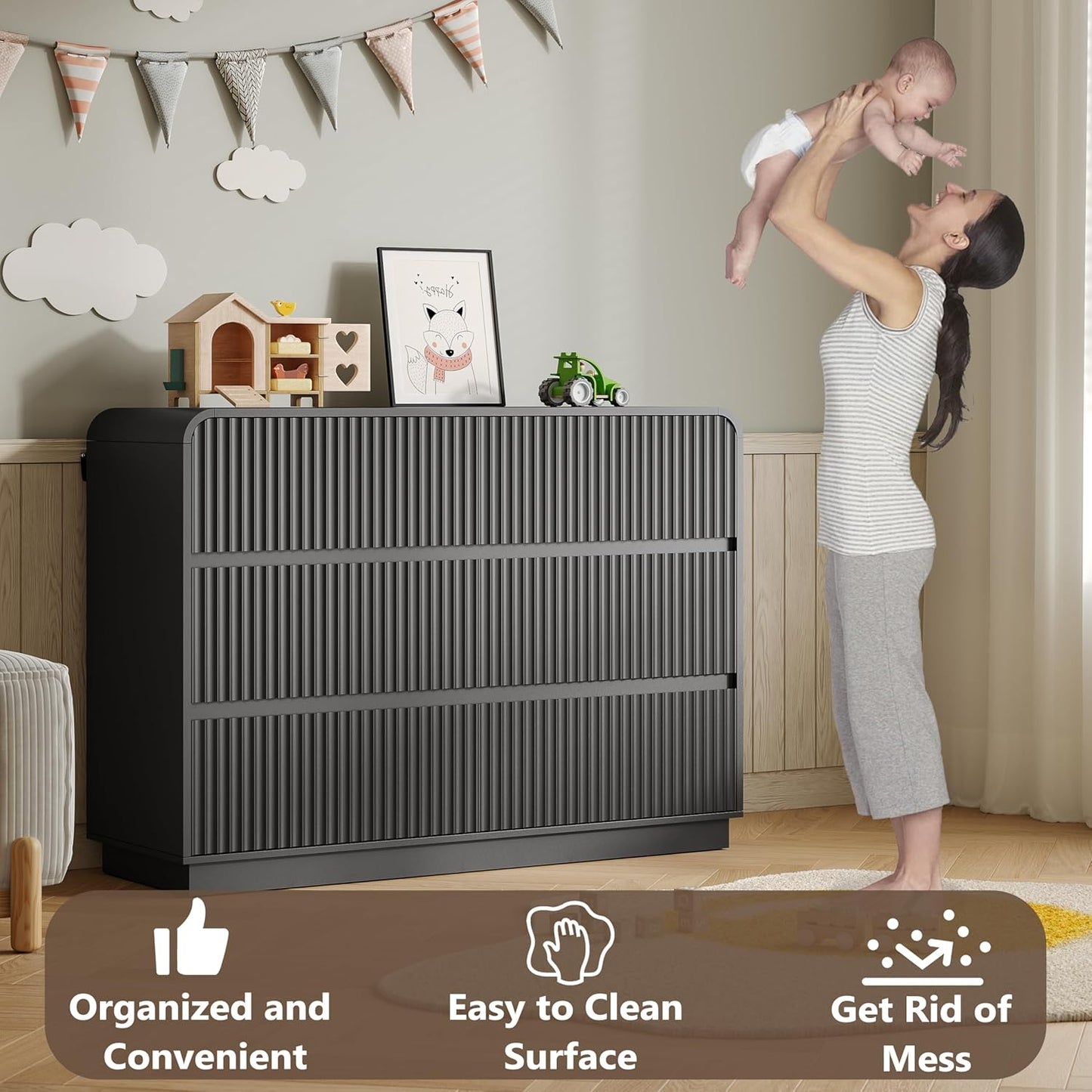 Dresser for Bedroom with 6 Drawers, Fluted Chest of Drawers with Round Curved Corner, Hidden Handles, Modern Wood Storage Organizer for Bedroom, Nursery, Living Room