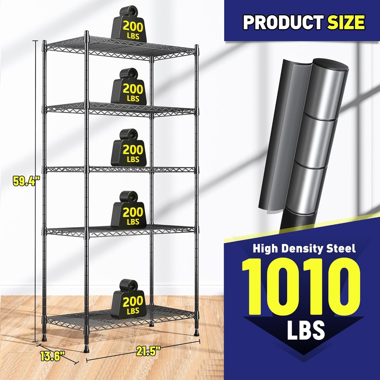 59.4" H x 21.5" W x13.6 D 5-Tier Storage Shelves 1010LBS Wire Shelving Adjustable Metal Shelving Unit Pantry Shelves Sturdy Steel Commercial Shelf for Kitchen Pantry Closet Laundry School