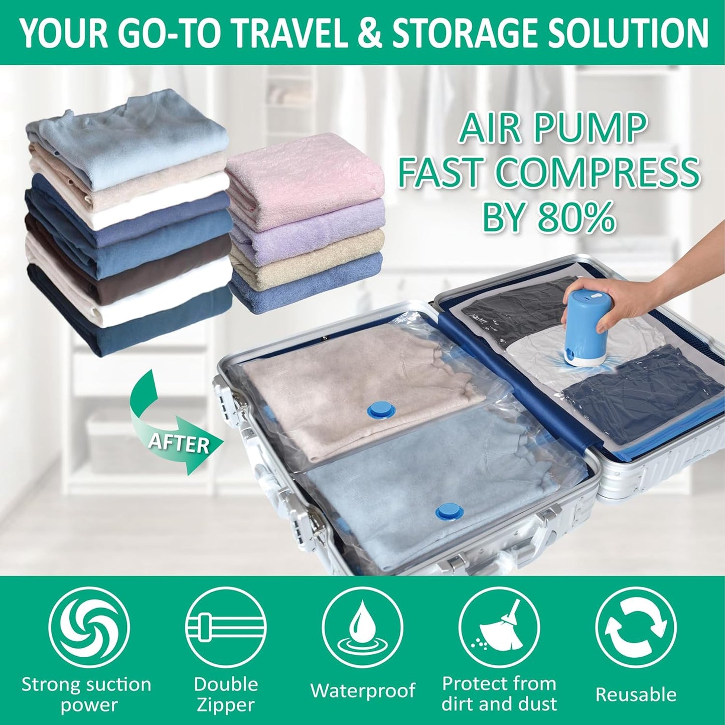 6 Pack Travel Vacuum Storage Bags with Rechargeable Wireless Electric Pump for Luggage, Suitcase, Carry-on Size Vacuum Seal Compression Space Saver Bags for Clothes and Clothing Travel