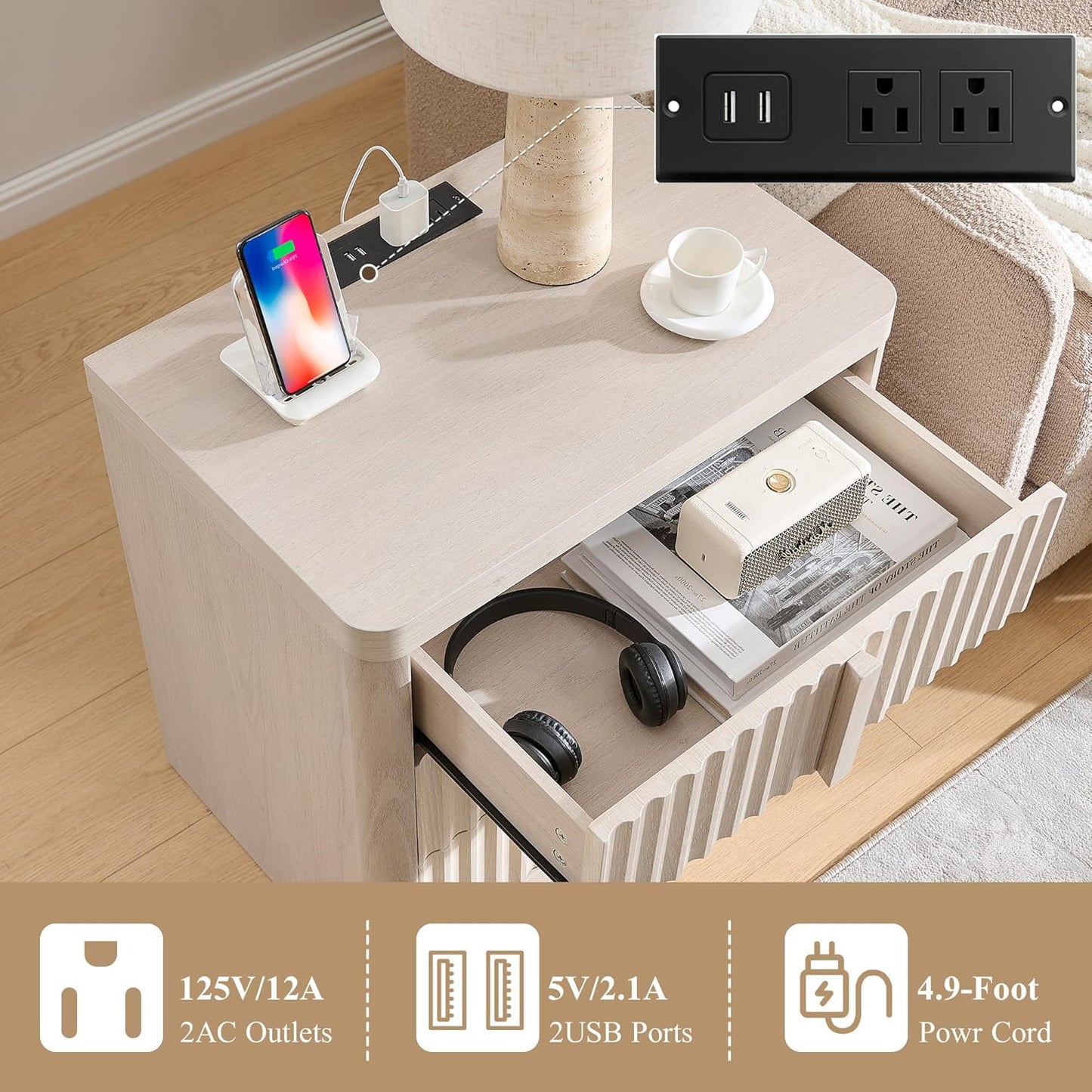 23.6" Nightstand with Charging Station, Side Table with 3 Large Storage Drawers, Mid Century Modern Night Stand with Solid Wood Handle, Bedside End Table for Bedroom, Living Room, Closet