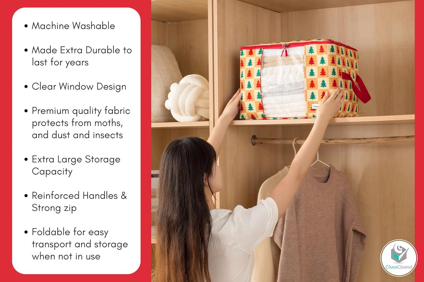 Designer Christmas Canvas Clothing Storage Bags 2 Pack Clothes Organizer bags for sweaters, clothing, garments, quilt, linens, large folding organizers with zip & window, moth proof space saver