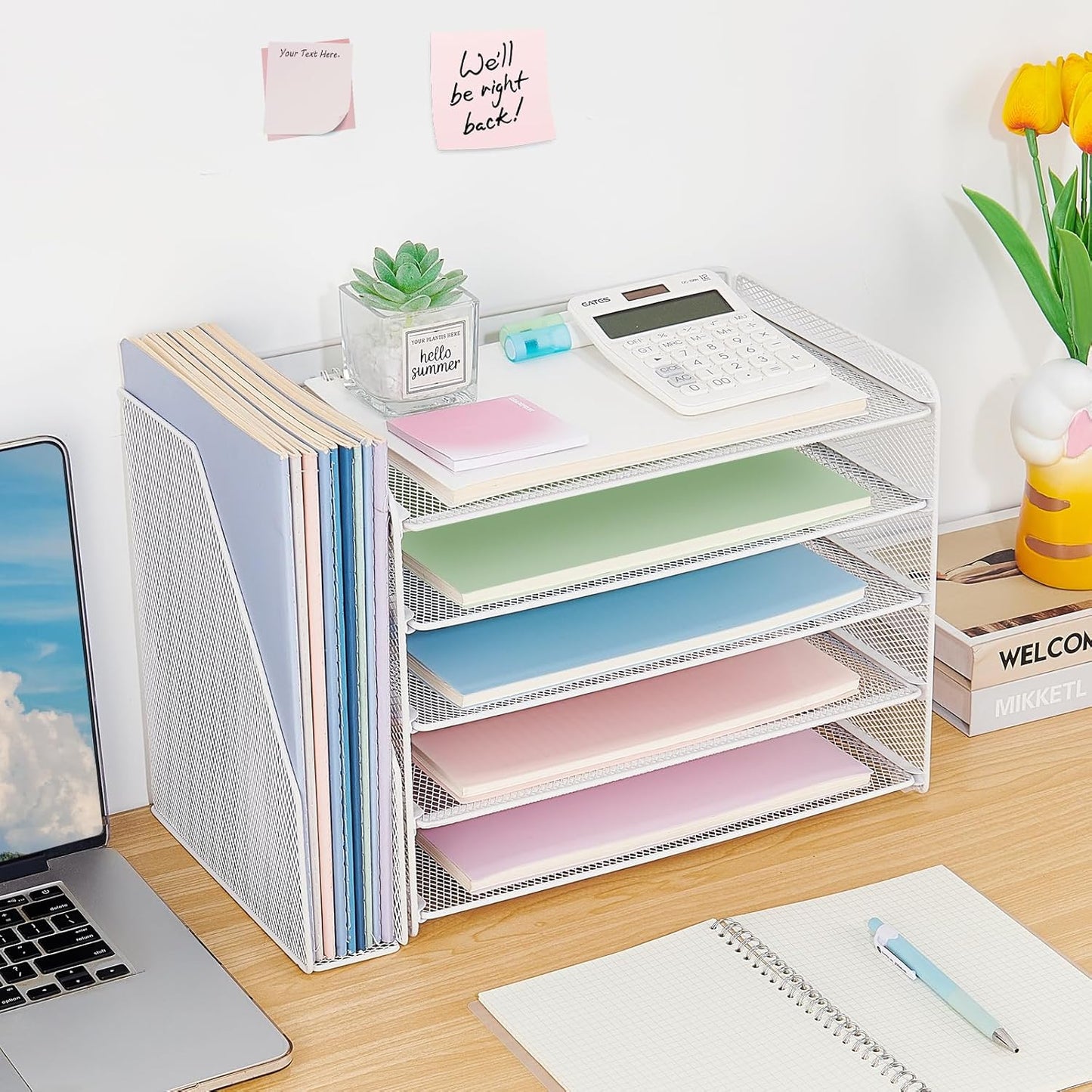 OPNICE 5-Tier Paper Organizer with Magazine Holder, Desk Organizers and Accessories, Office Desk Accessories & Workspace Organizers, Desktop File Organizer for Office Supplies Storage, White