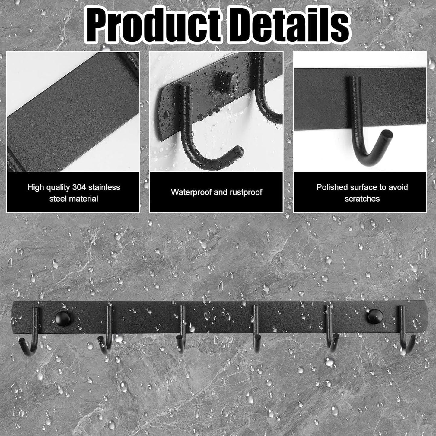 2 Pack Coat Rack Wall Mount, 12.6 in Wall Hooks for Hanging, 6 Coat Hooks for Hanging Coats Hats Towels Keys and Bags, Closet and Entryway Hanger for Bathroom Bedroom Kitchen (Black)