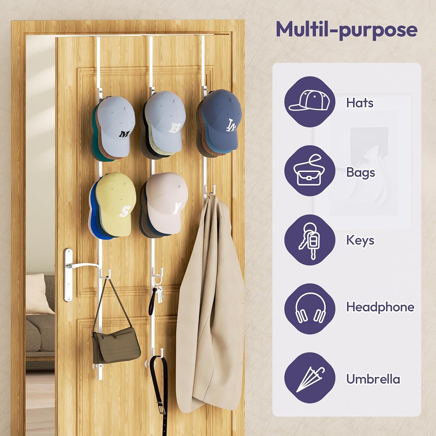 SWTYMIKI Over Door Hat Organizer - 3 Packs Metal Hanging Hat Rack with 12 Hooks Design, Baseball Cap Hanger Organizer Storage Holds up to 60 Caps for Door, Bedroom, Closet