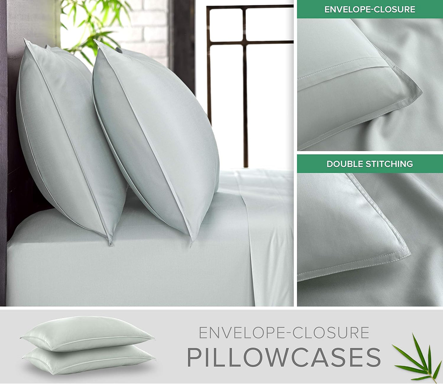 King Pillowcases by Pure Bamboo, Genuine 100% Organic Viscose Derived from Bamboo, Luxuriously Soft & Cooling, Double Stitching, Envelope Closure (2 King Pillowcases, Sea Glass)