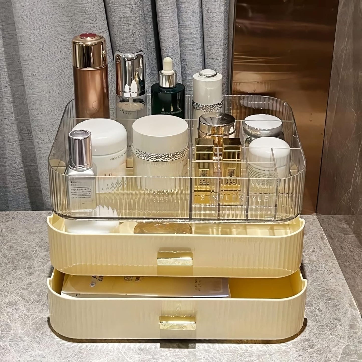 Makeup Organizer with Stackable Drawers, Bathroom Countertop Vanity Organizers and Storage, Ideal for Desk and Dresser, Great for Cosmetics, skin Care, Lipsticks, Nail Care -Cream White
