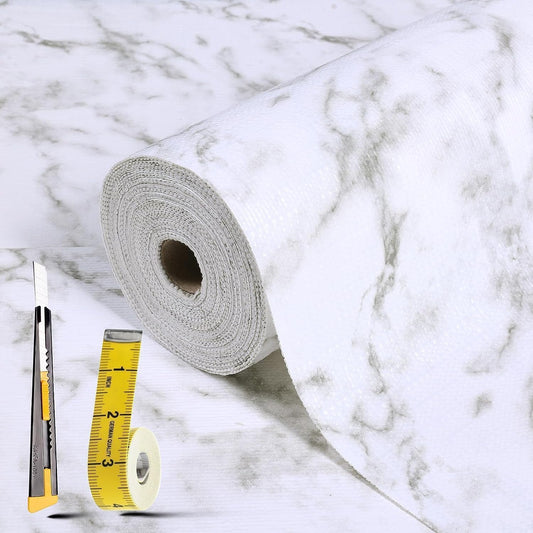 Drawer and Shelf Liner for Kitchen Cabinet: 17 in X 20 Ft Non Slip Waterproof Shelf Paper Non Adhesive Refrigerator Liners White Marble Easy Liners for Bathroom Cupboard with Knife Tape Measure