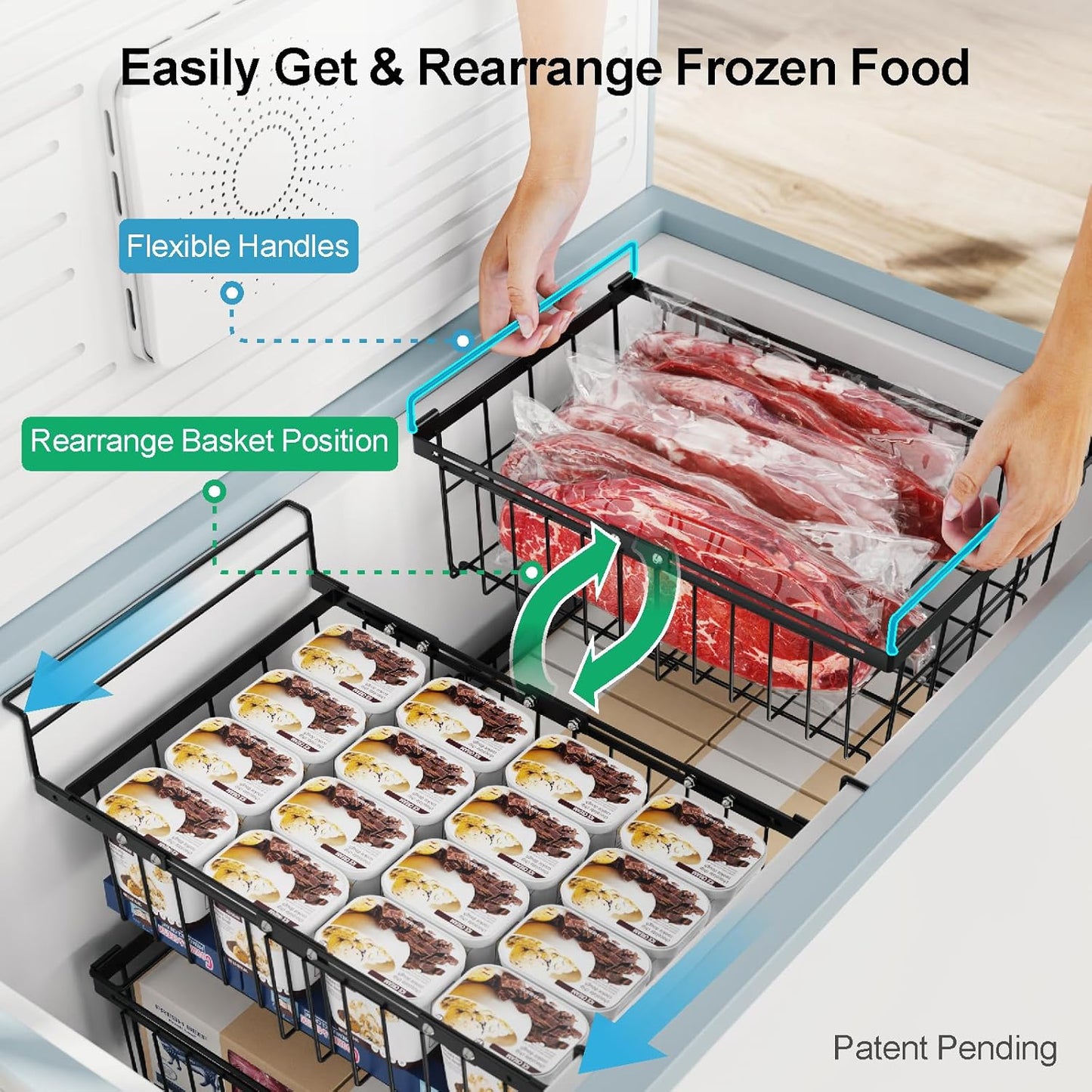 iSPECLE Large Expandable Freezer Organizer Bins - 4 Pack Chest Freezer Organizer Bins, for 10 to 20 Cu.FT Deep Freezer, 1 Hanging Basket and 3 Stackable Freezer Bins, Black