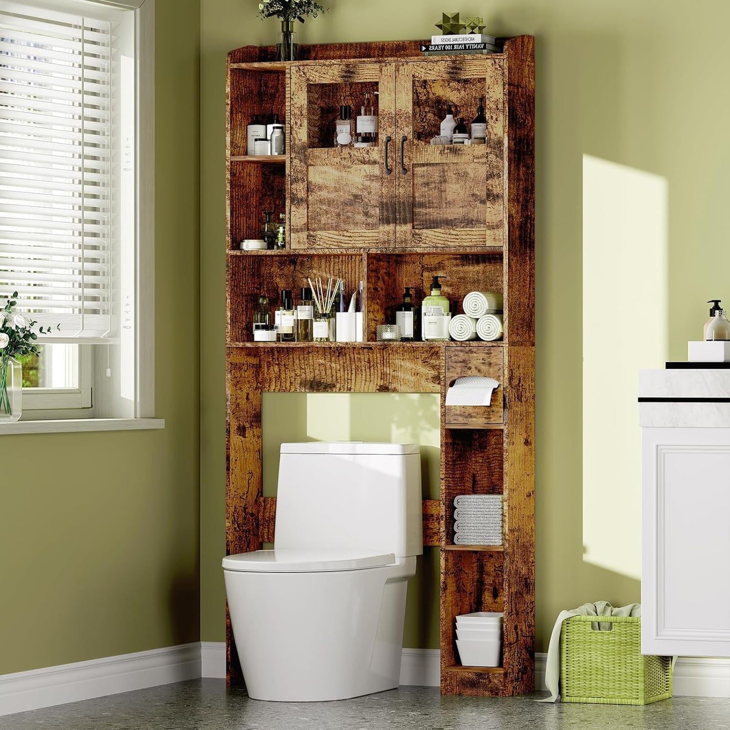 Over Toilet Storage Cabinet, 67 Inch Wall Mounted Tall Cabinet, Freestanding Bathroom Organizer Shelf for Bathroom, Brown