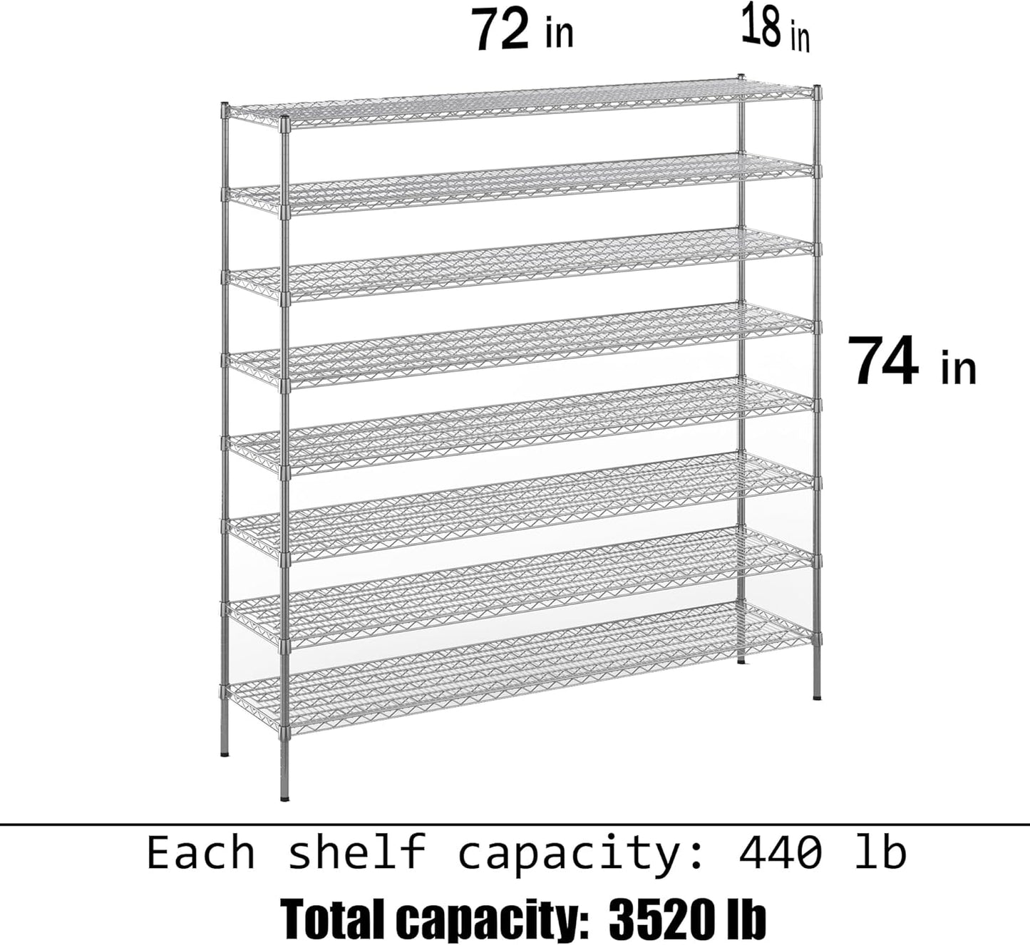 18" Deep x 72" Wide x 74" Height Wire Shelving Kit | 8-Tier | NSF Commercial Storage Rack Unit