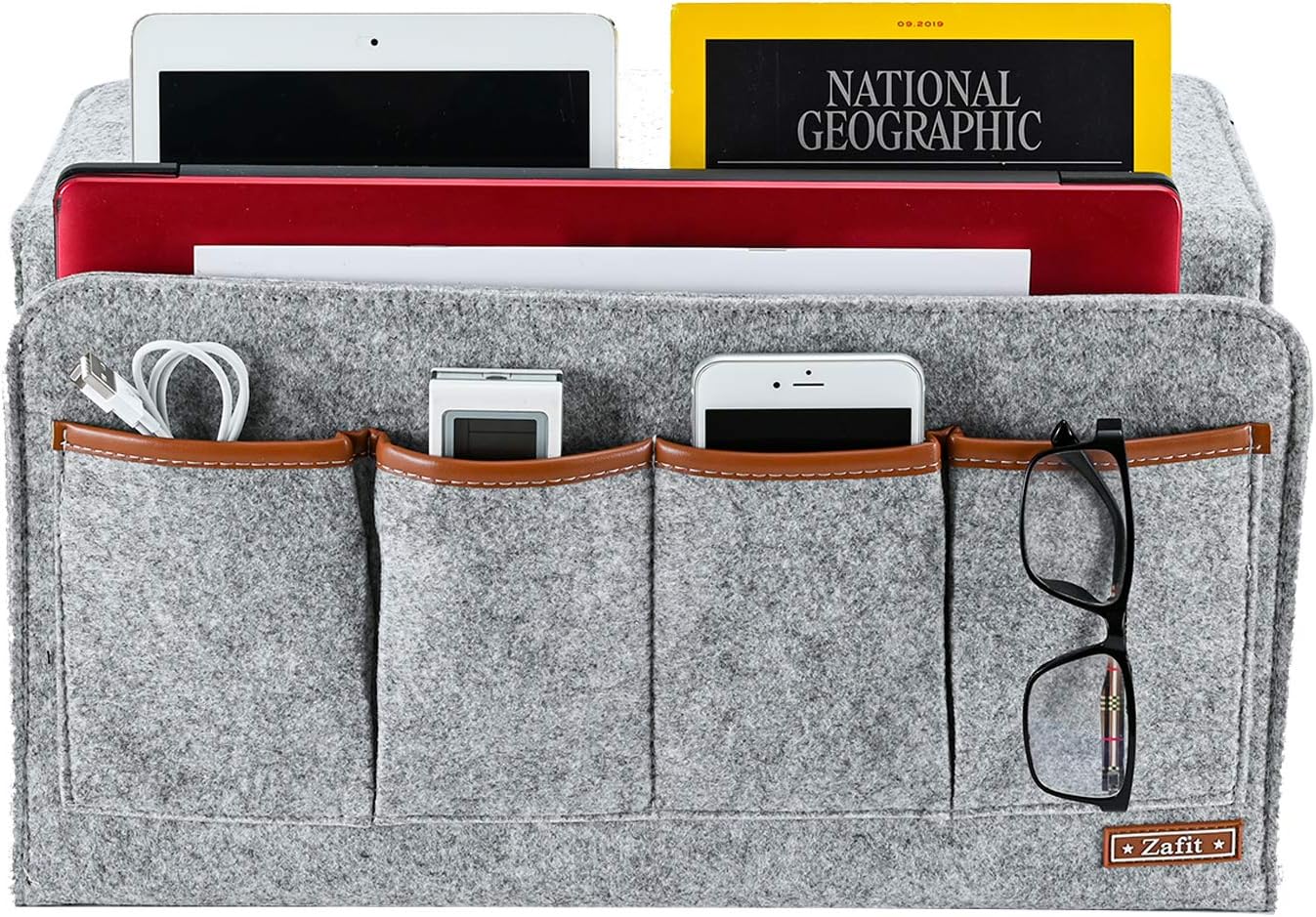 Bedside Caddy, Large Size Storage Organizer with 7 Pockets for Magazine, Remotes, Phone (17.3'' x 18.1'', Light Grey)