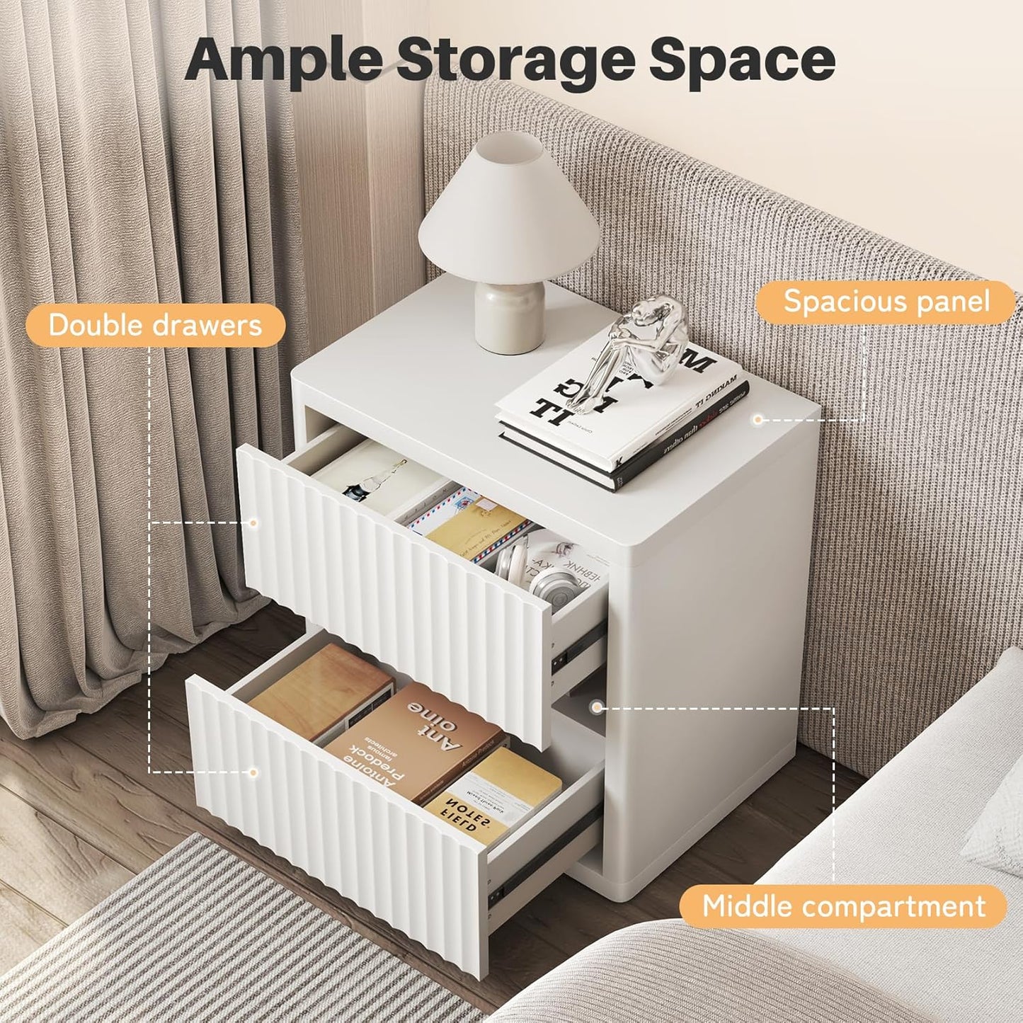 Dripex Fluted Nightstand with 2 Drawers, Large Wide Wood Night Stand Bedside Tables for Bedroom, Mid-Century Modern Storage Bed Side Table, End Tables for Living Room Sofa Couch, White, Set of 1