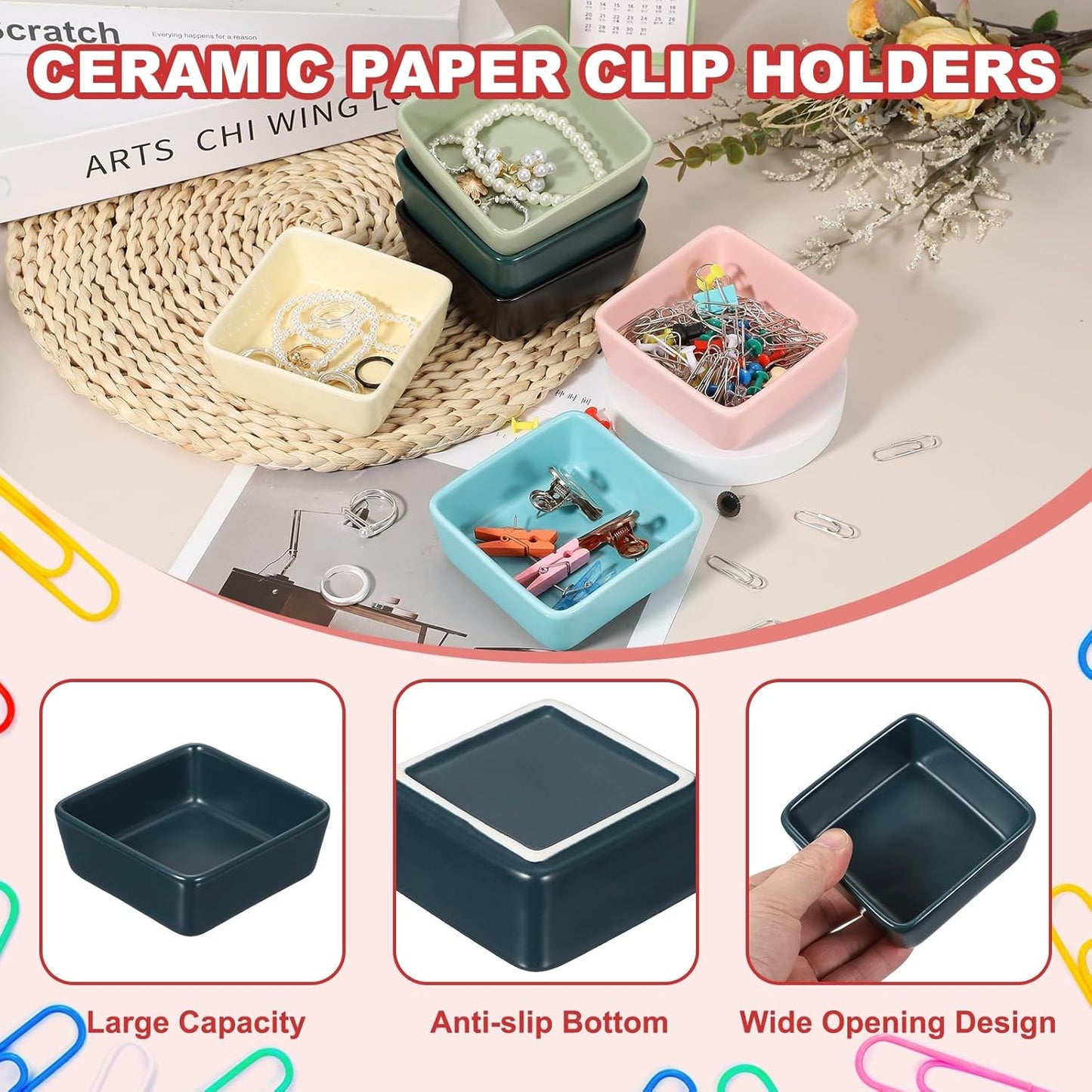 PATIKIL Square Paper Clip Holders, Ceramic Bowl Dish Clip Dispenser Organizer Desk Organizer Accessories for Office Desktop Decor Bobby Pin Binder Paper Clamp, Navy Blue