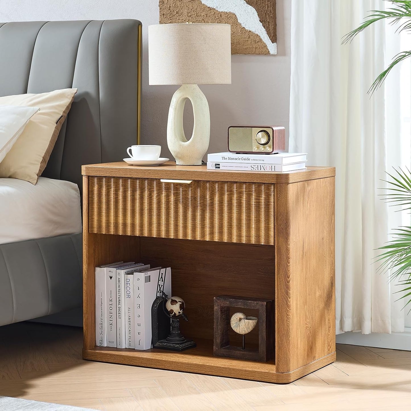LEYAOYAO 31" Wide Fluted Nightstand with Charging Station, Oversized Extra Large 1 Drawer Night Stand with Golden Handle, Brown Wood Bedside Table Tall End Tables,for Bedroom, Living Room, Hallway