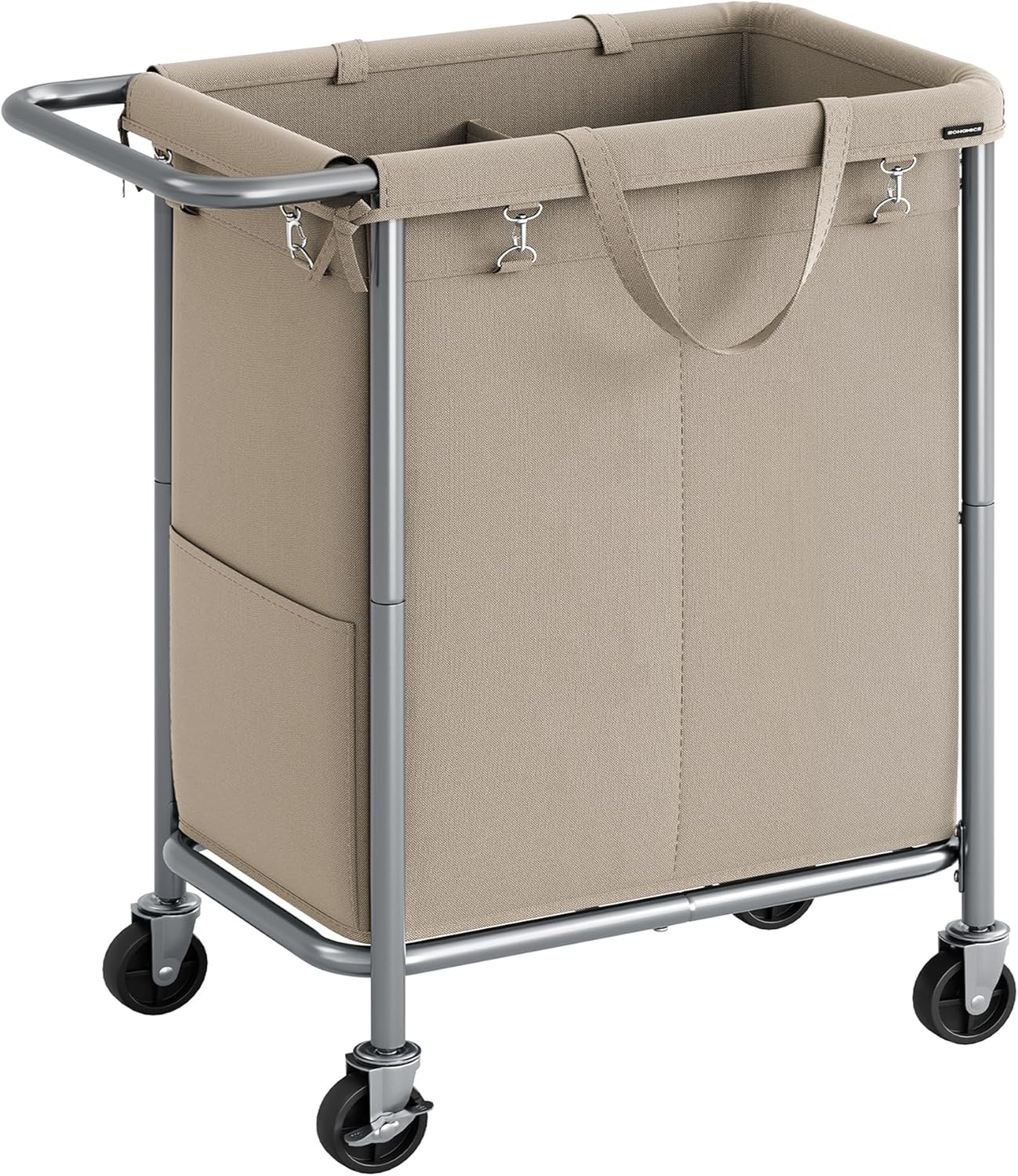 SONGMICS Laundry Basket with Wheels, 2-Section Rolling Laundry Hamper, 37 Gallons (140 L), Removable Liner, Steel Frame with Handle, 27.2 x 15.4 x 31.9 Inches, Camel Brown URLS004N01