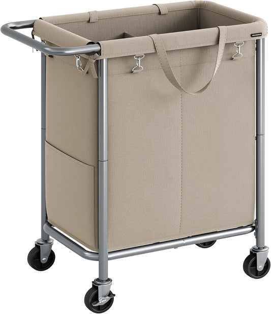 SONGMICS Laundry Basket with Wheels, 2-Section Rolling Laundry Hamper, 37 Gallons (140 L), Removable Liner, Steel Frame with Handle, 27.2 x 15.4 x 31.9 Inches, Camel Brown URLS004N01