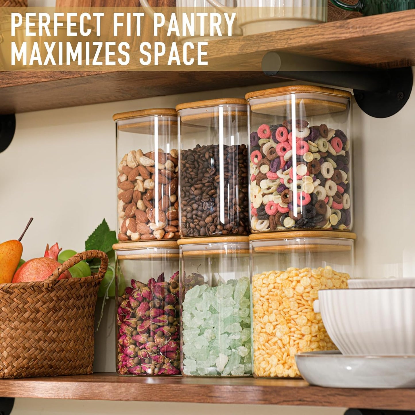 37oz Airtight Glass Square Storage Canister with Bamboo Lid Set of 4 (1100ml) Container Stackable Jar, Kitchen Canister for Pantry Noodles, Flour and Coffee beans (‎with Black Lable)