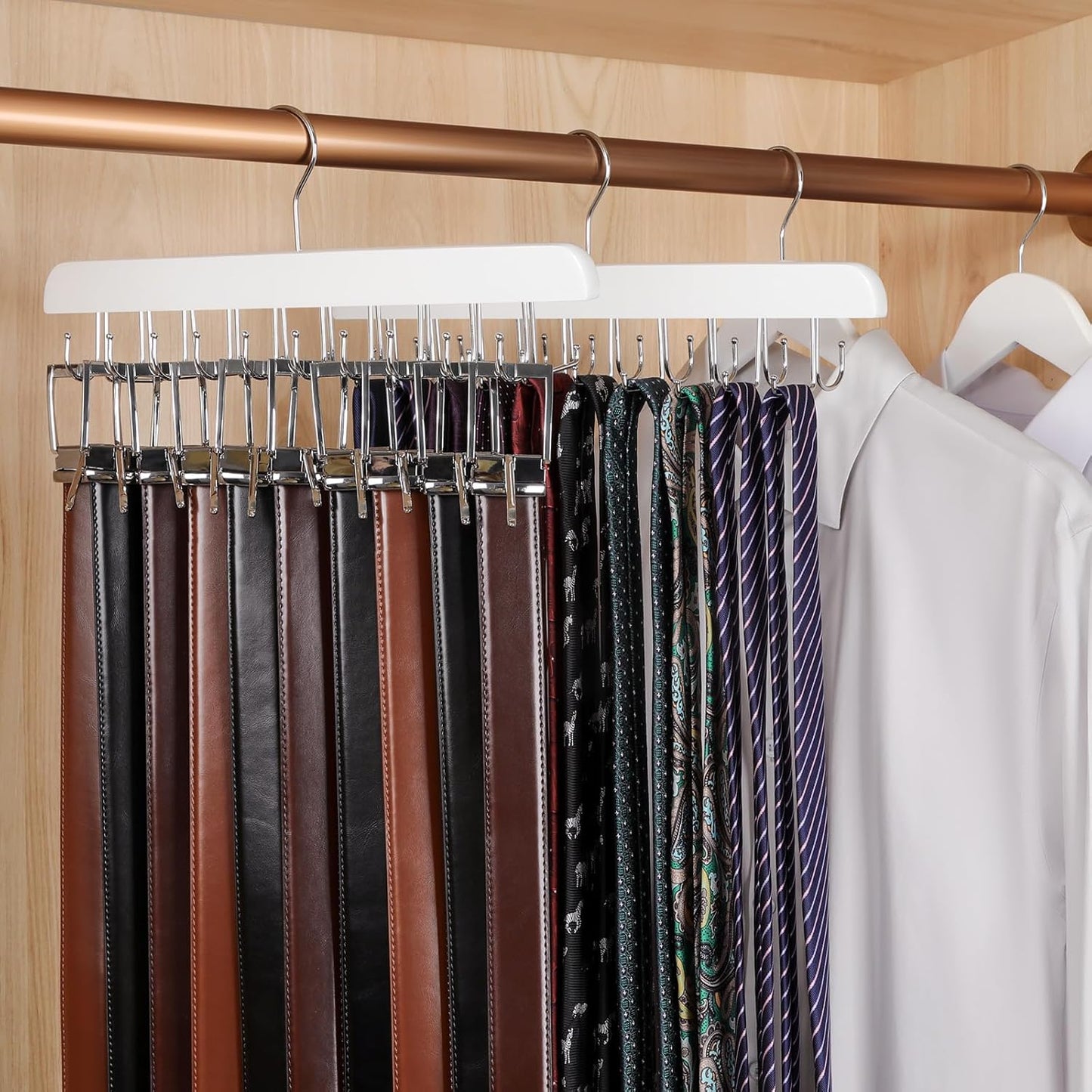 TOPIA HANGER 20 Hooks 2 in 1 Belt Tie Hanger for Closet Max 30 Belts with 30 Ties Capacity, Belt Tie Racks Wooden Hanger for Closet Organizer Storage “U” Fit for Belt and “一” Fit for Tie - CT47W