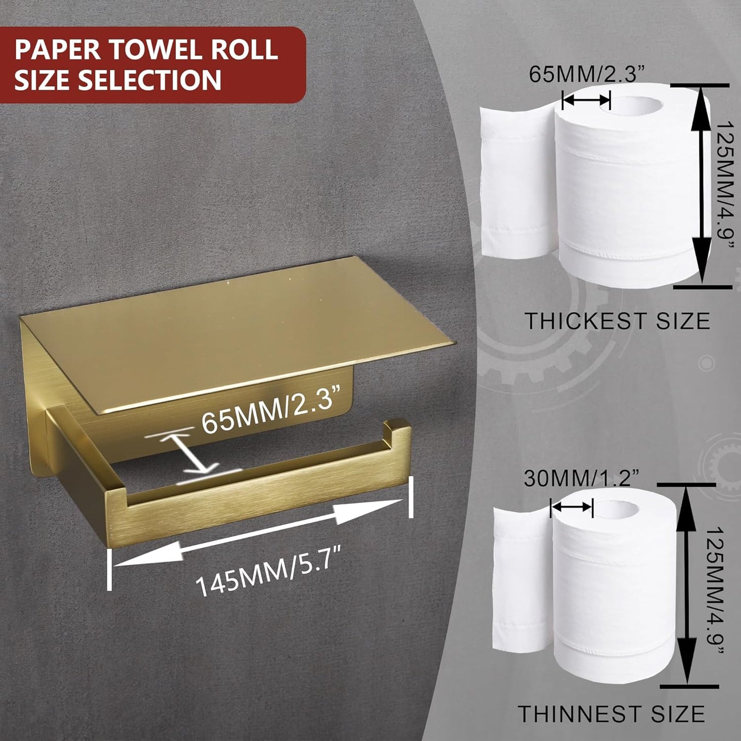 LANC Gold Toilet Paper Holder with Shelf Brushed Gold Toilet Tissue Roll Holder with Phone Shelf for Bathroom Wall Mounted and Self-Adhesive Toilet Paper Roll Holder Stainless Steel, A8367BG