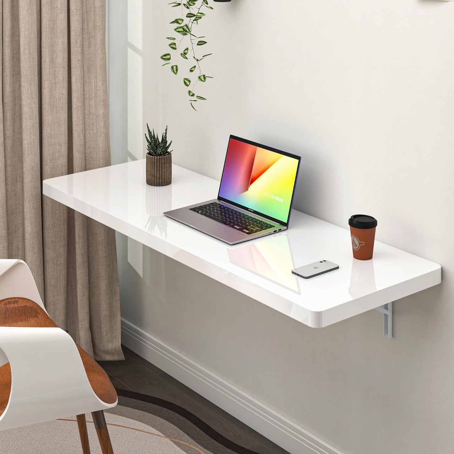 Clikuutory Wall Mounted High Gloss Folding Table, Wall Desk Fold Down for Small Spaces, Folding Workbench for Laundry Room, Home Office, Kitchen, Bedroom, Home Bar, White (47.2"×19.7")
