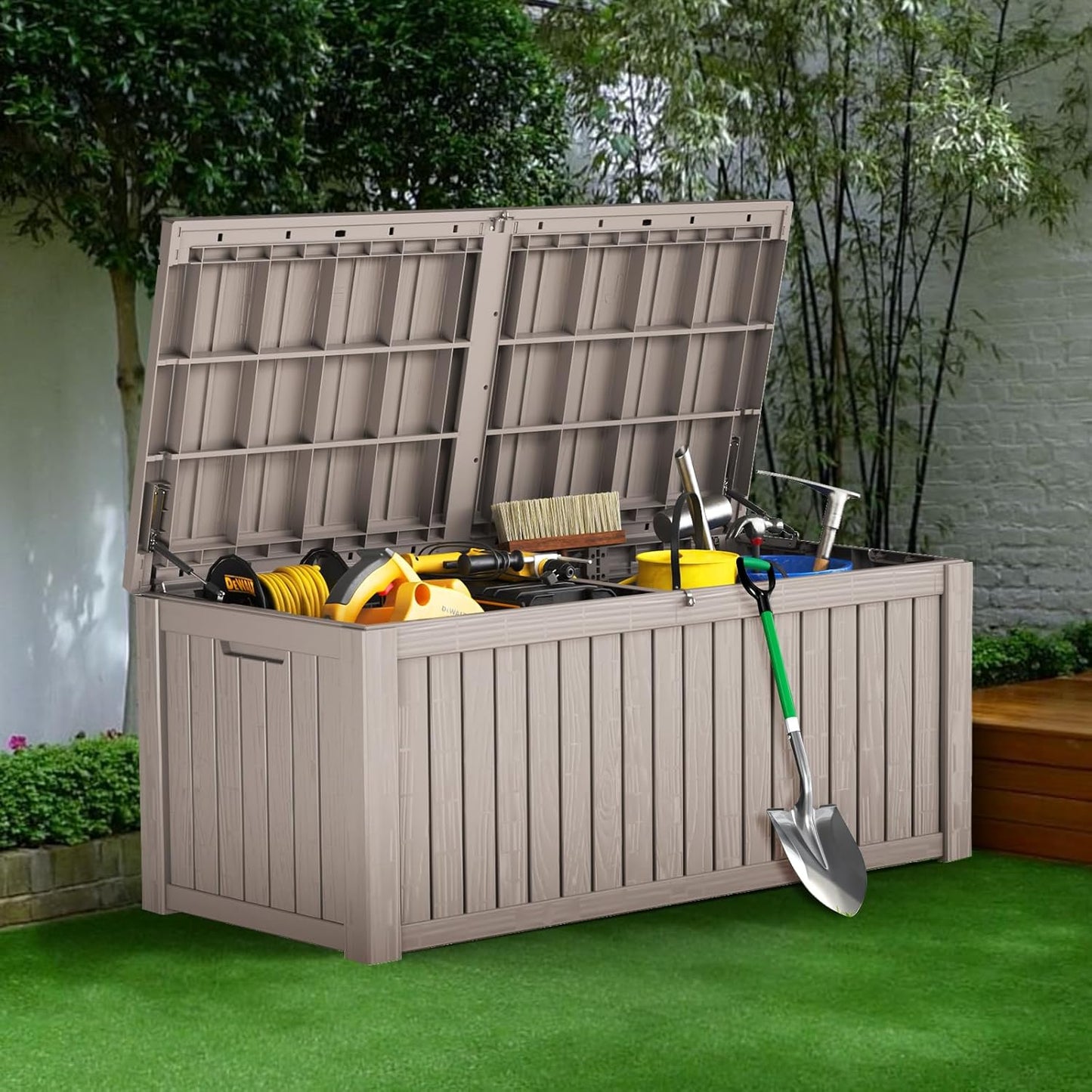 180 Gallon Outdoor Storage Box Waterproof Lockable Resin Deck Box Large, Patio Storage Bin for Pool Accessories Cushion Furniture, Garden Tools, UV-Resistant Outside Delivery Grey