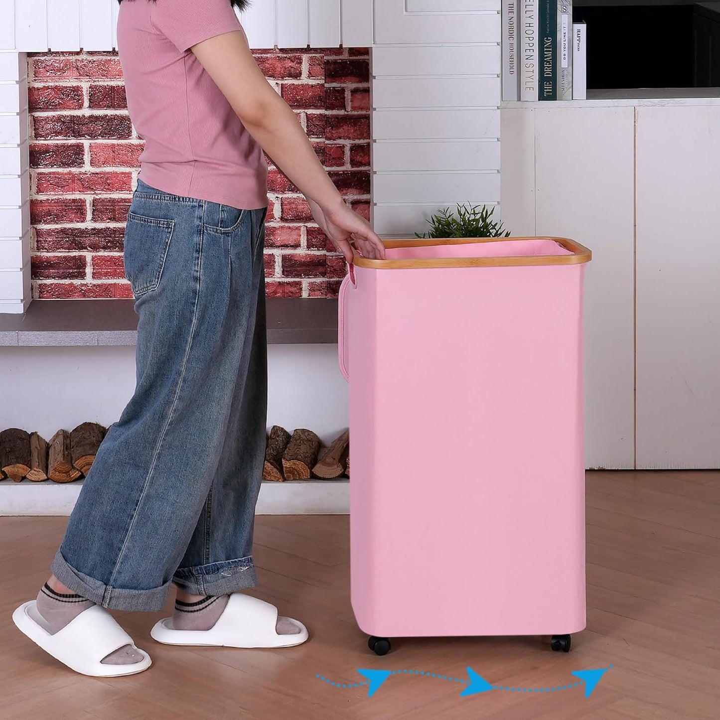 Laundry Basket with Wheels, 110L Clothes Hamper for Laundry, Laundry Hamper with Lid and Inner Bag, for Laundry Room, Bedroom, Dormitory Storage,Pink