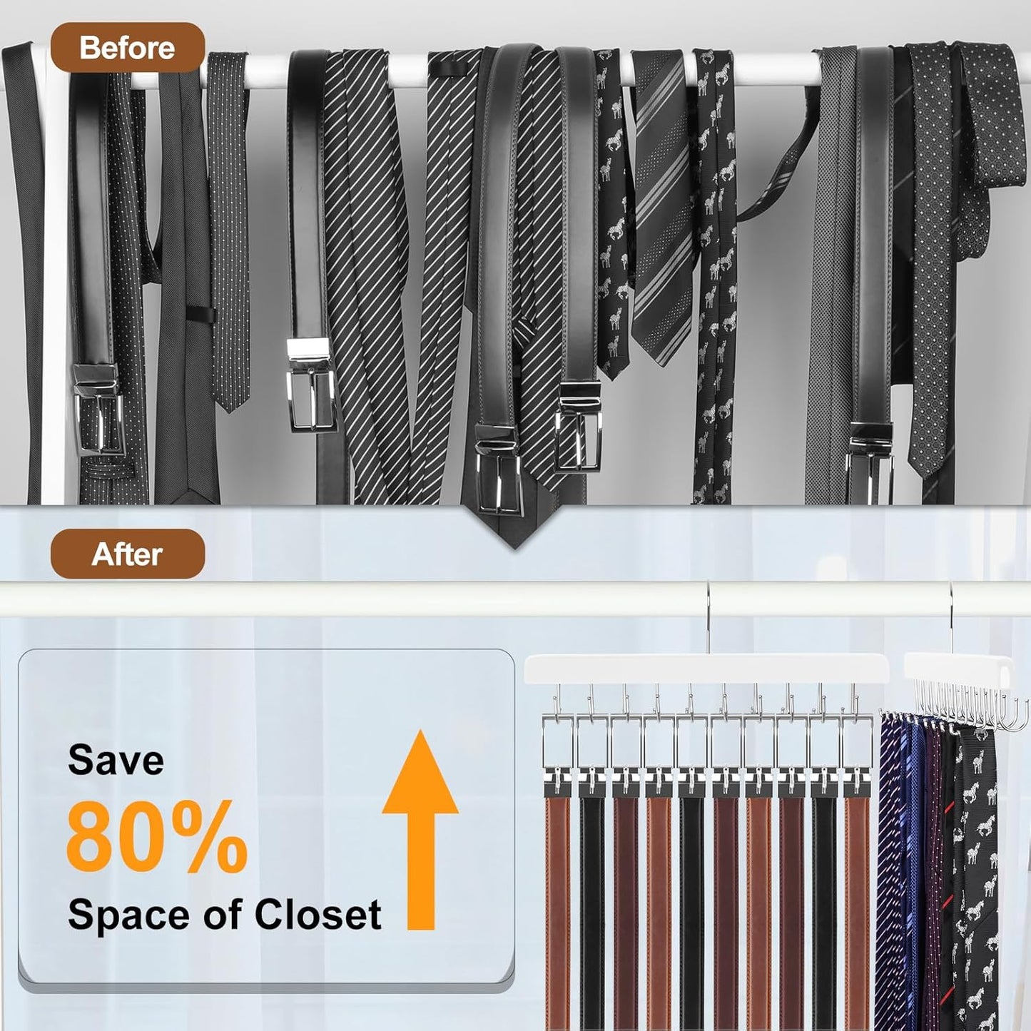 TOPIA HANGER 2 Pack 2 in 1 Belt Tie Hanger for Closet Max 60 Belts with 60 Ties Capacity, 40 Hooks Belt Tie Racks Wooden Hanger for Closet Organizer Storage “U” Fit Belt and “一” Fit Tie - CT52W