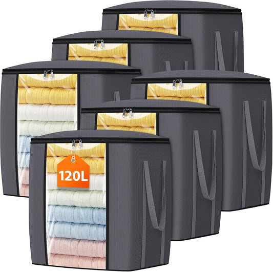 120L Extra Large Clothes Storage Bags, Foldable Blanket Storage and Organization, Thick Fabric Containers with Reinforced Handles & Zippers for Clothing, Comforters, Bedding, Gray, 6 Pack