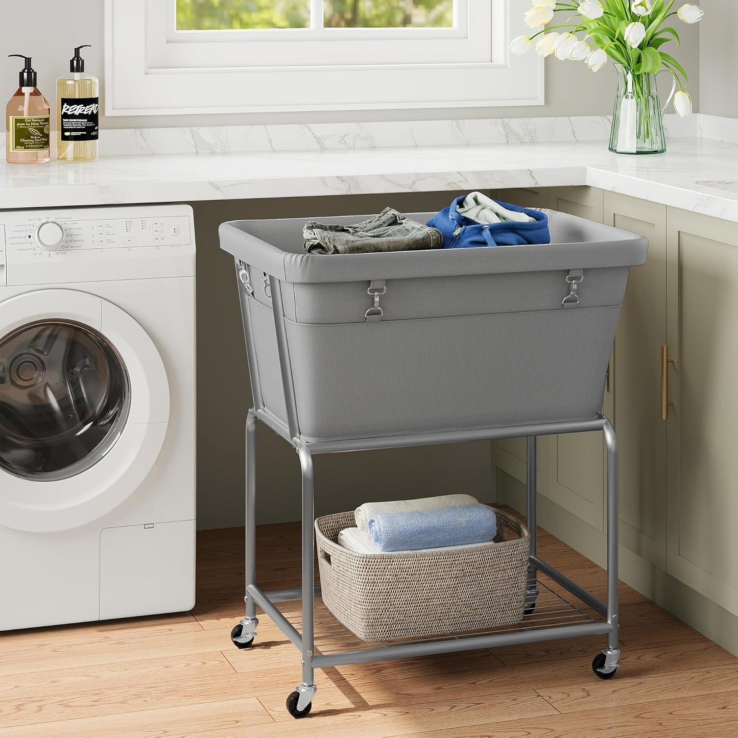 ELYKEN Laundry Cart with Wheels, Rolling Laundry Hamper with Removable Bag and Shelf, Metal Frame Laundry Basket with 4 Casters and 2 Brakes, Ideal for Bedroom, Bathroom, Laundry Room, Gray