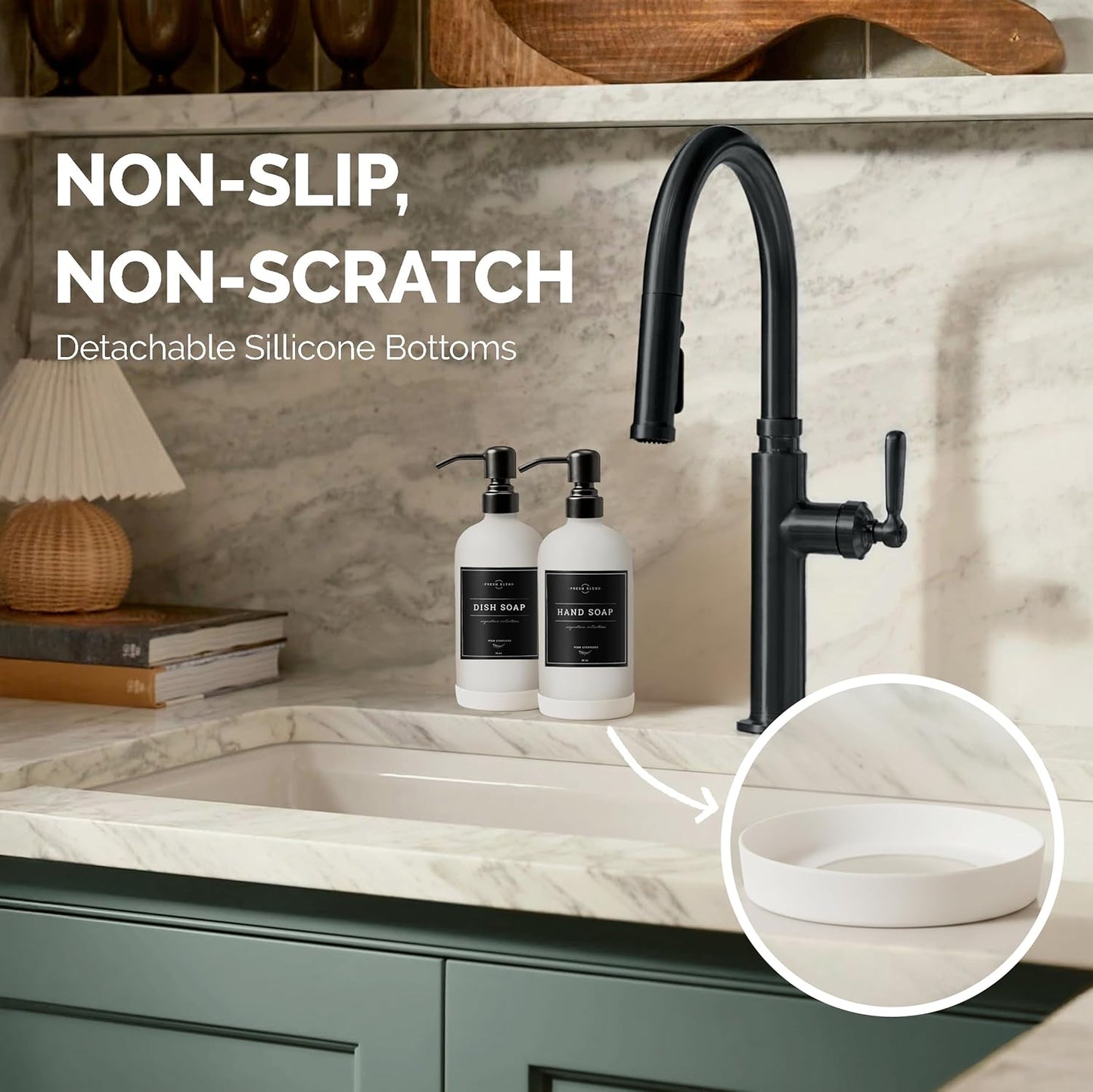 Vine Creations White Glass Soap Dispenser, 2 Pack Kitchen Soap Dispenser Set with Stainless Steel Pump, 16 oz Dish Soap and Hand Soap Dispensers for Bathroom with Waterproof Labels