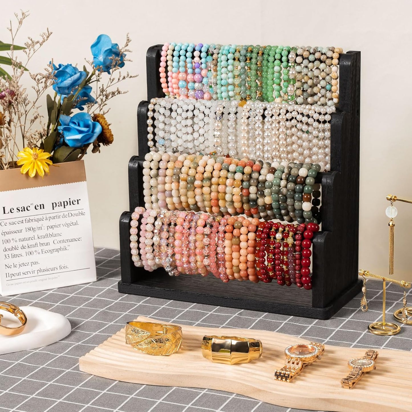 Emfogo Bracelet Holder, 4 Tier Bracelet Organizer Storage for Bracelets Bangles Watch Scrunchies, Rustic Wood Jewelry Organizer Display for Home, Vendors, Craft Shows and Store(Black)