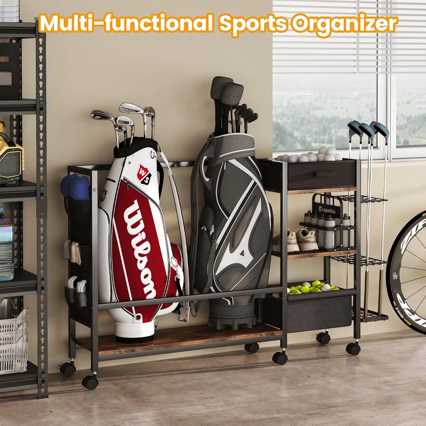 Golf Bag Storage Organizer for Garage, Golf Organizer with Extra Golf Rack and Side Fabric Bag for 20 Golf Clubs & Golf Essentials, Golf Bag Stand for Golf Bag Accessories, Ideal Golf Gifts for Men