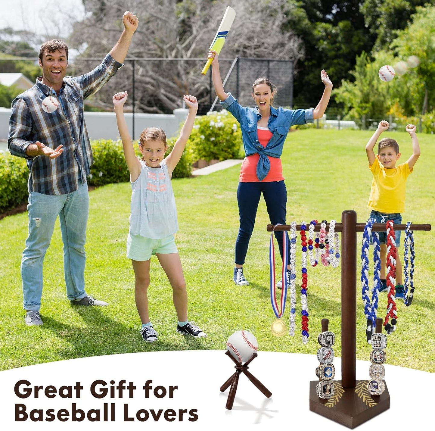 Wooden Baseball Ring & Necklace Holder – Championship Rings Display Stand for Softball & Baseball, Sports Ring Organizer Holder Gift for Players & Fans