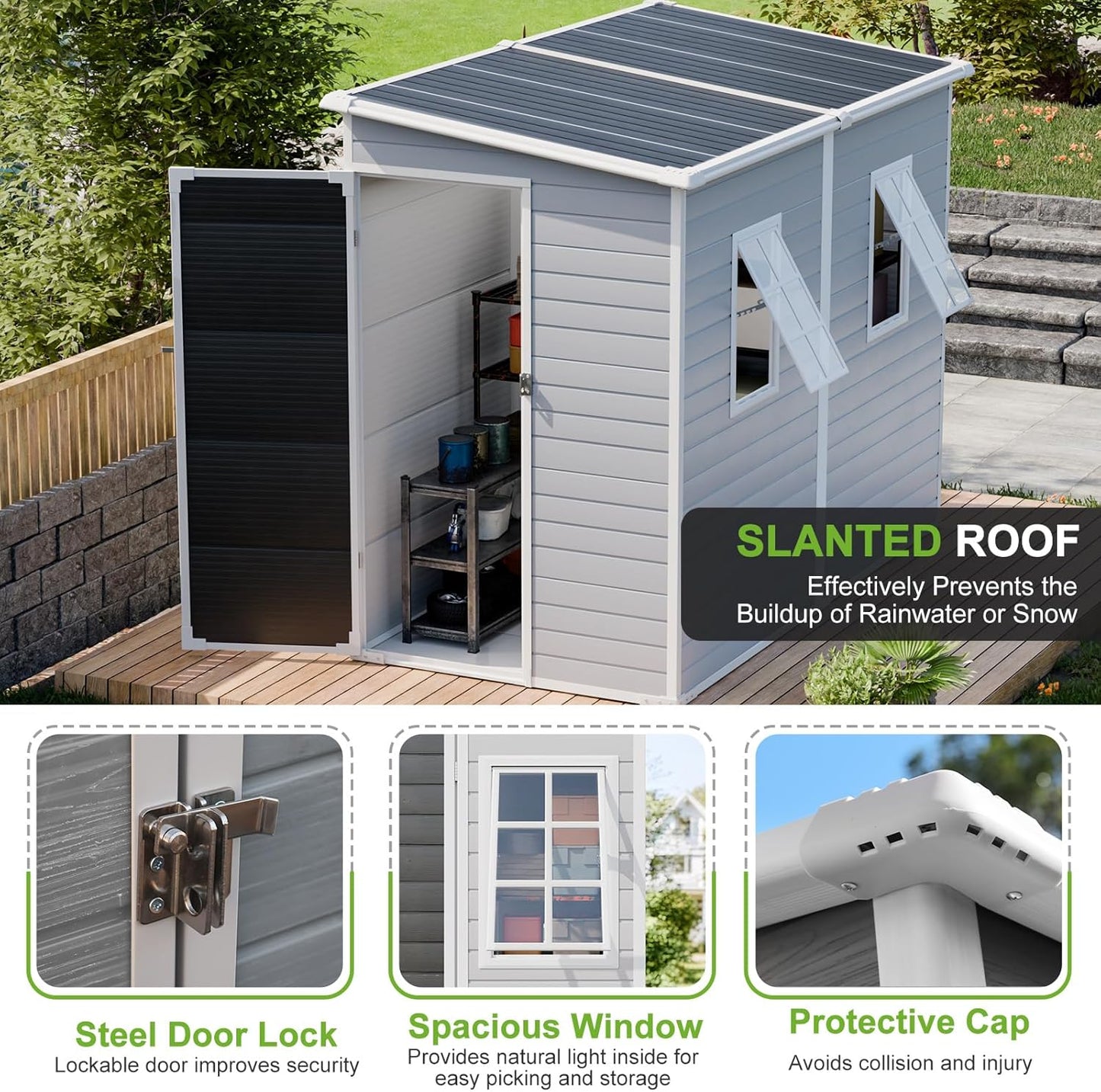 8x4 Outdoor Storage Shed, Lean to Shed with Floor for Patio and Garden, Waterproof Resin Plastic Storage Unit with Lockable Door & Awning Windows