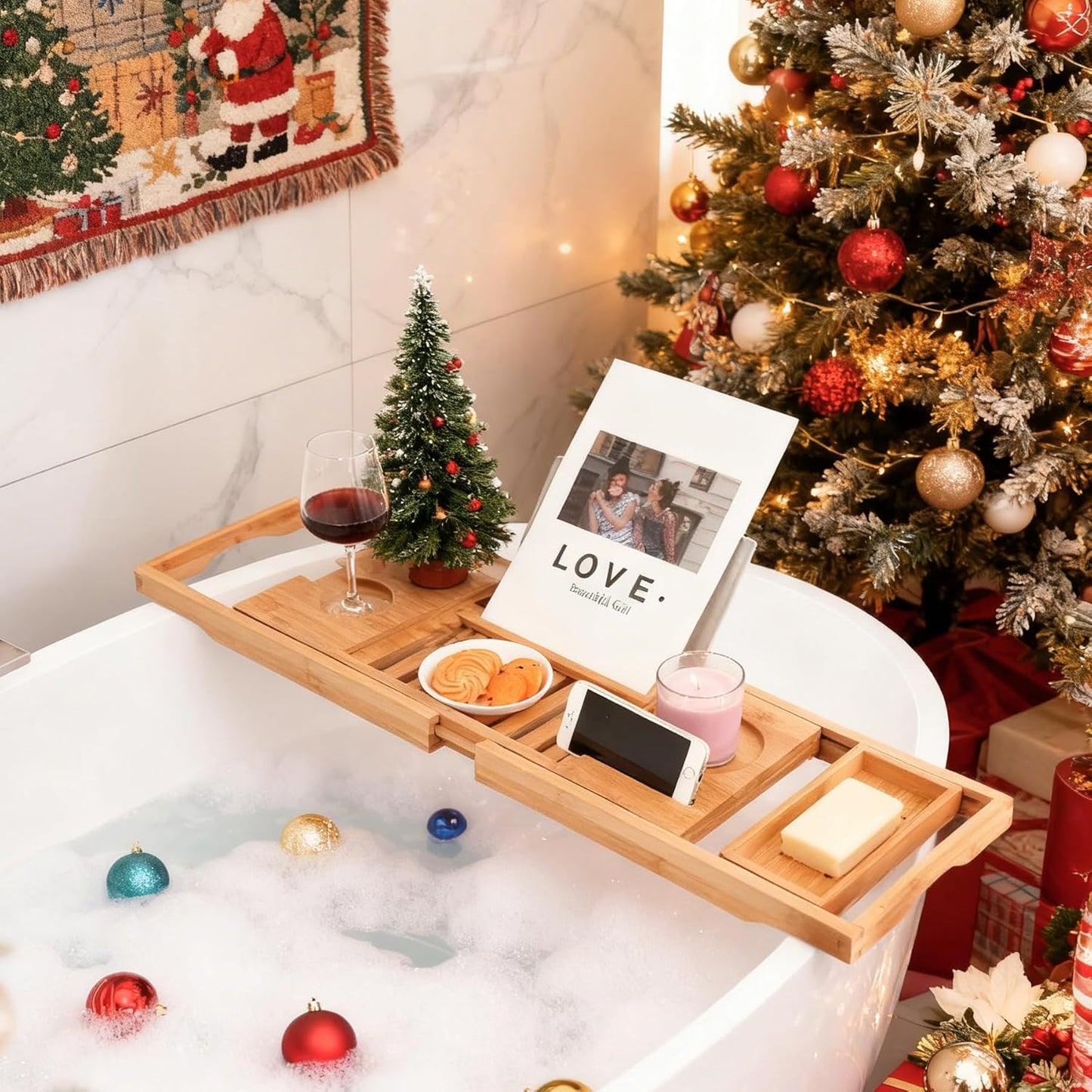 Utoplike Bamboo Bathtub Caddy Tray Bath Tray for Tub, Adjustable Bathroom Bathtub Organizer with Book Tablet Wine Glass Cup Towel Holder