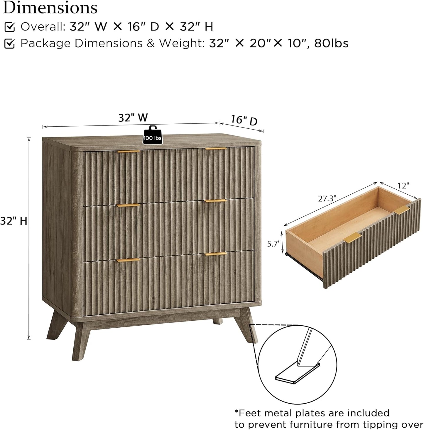 T4TREAM Fluted 3 Drawers Nightstand Set of 2, Oversized Extra Large Modern Side Table, End Table Bedside for Bedroom, Living Room, Curved Profile Design, Grey Alder