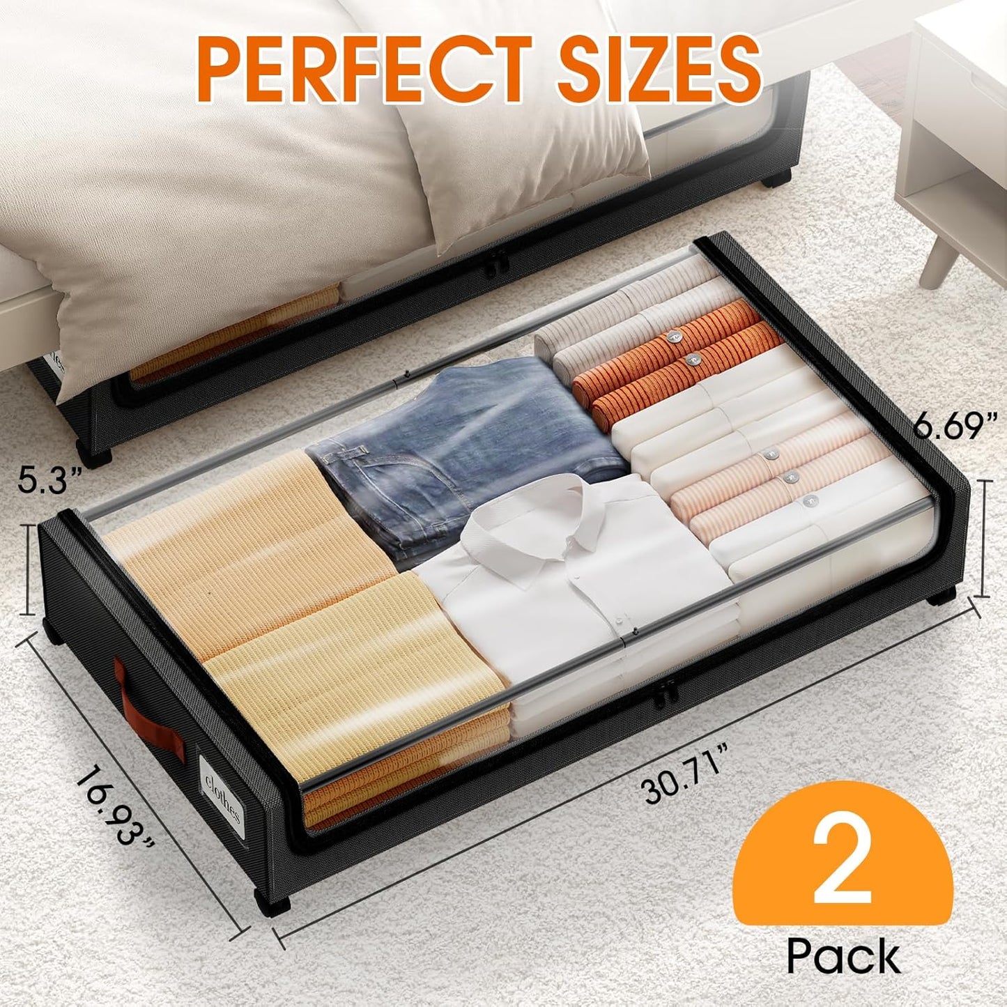 Under Bed Storage with Wheels 2Pack Storage Containers with Clear Window&Label Under Bed Drawers Rolling Under Bed Storage for Clothes,Shoes, Blankets (30.71 x 16.93 x 6.69 in, Black)