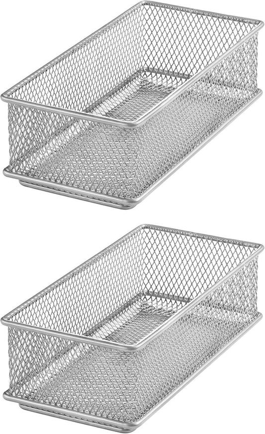 YBM HOME Silver Mesh Drawer Cabinet and or Shelf Organizer Bins, School Supply Holder Office Desktop Organizer Basket (2, 3x6x2 Inch)