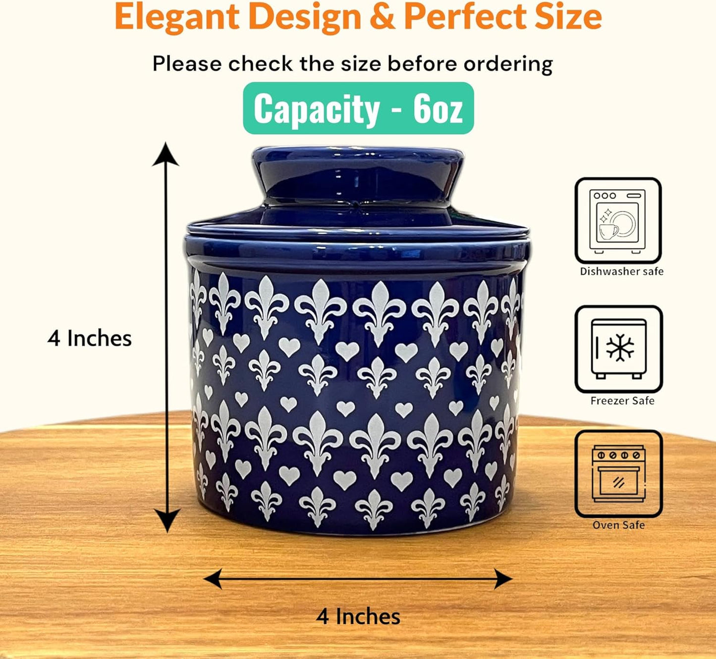 Butter Crock with Lid for Countertop, Butter Keeper Crock with Water, French Butter Dish Ceramic, Butter Holder with Lid for Spreadable Butter, Butter Container for Counter (Blue Fleur, Navy)