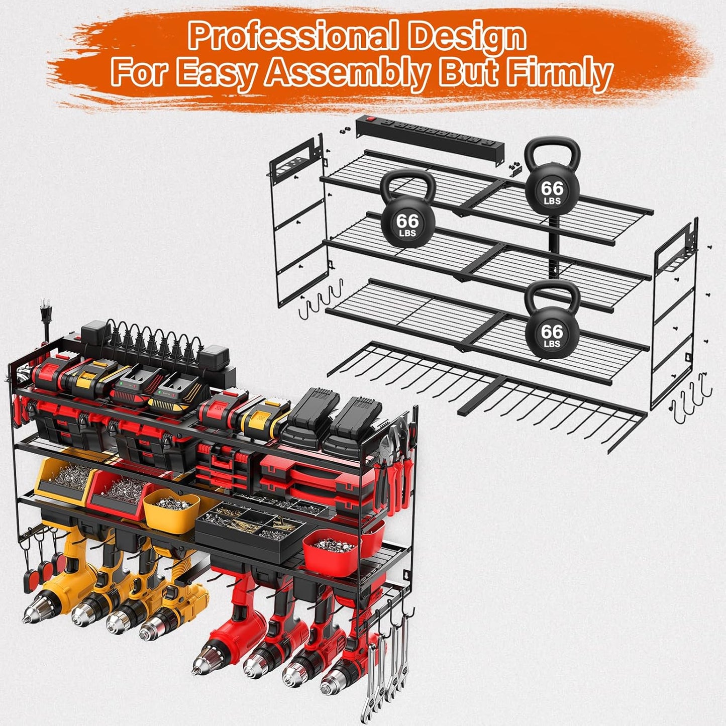 JUNNUJ Large Power Tool Organizer with 10 Outlet Power Strip, 4 Layer Wall Mount Drill Holder with Charging Station, 8 Drills Storage Shelf Shop Garage Utility Rack, Black