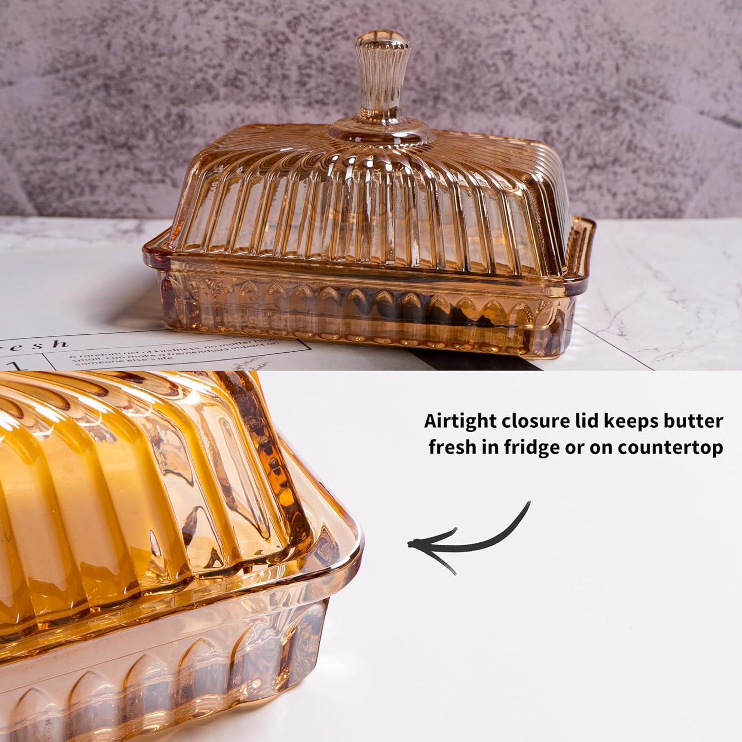Glass Butter Dish with Lid for Countertop, Champagne Color Striped Crystal Covered Butter Holder Tray Container