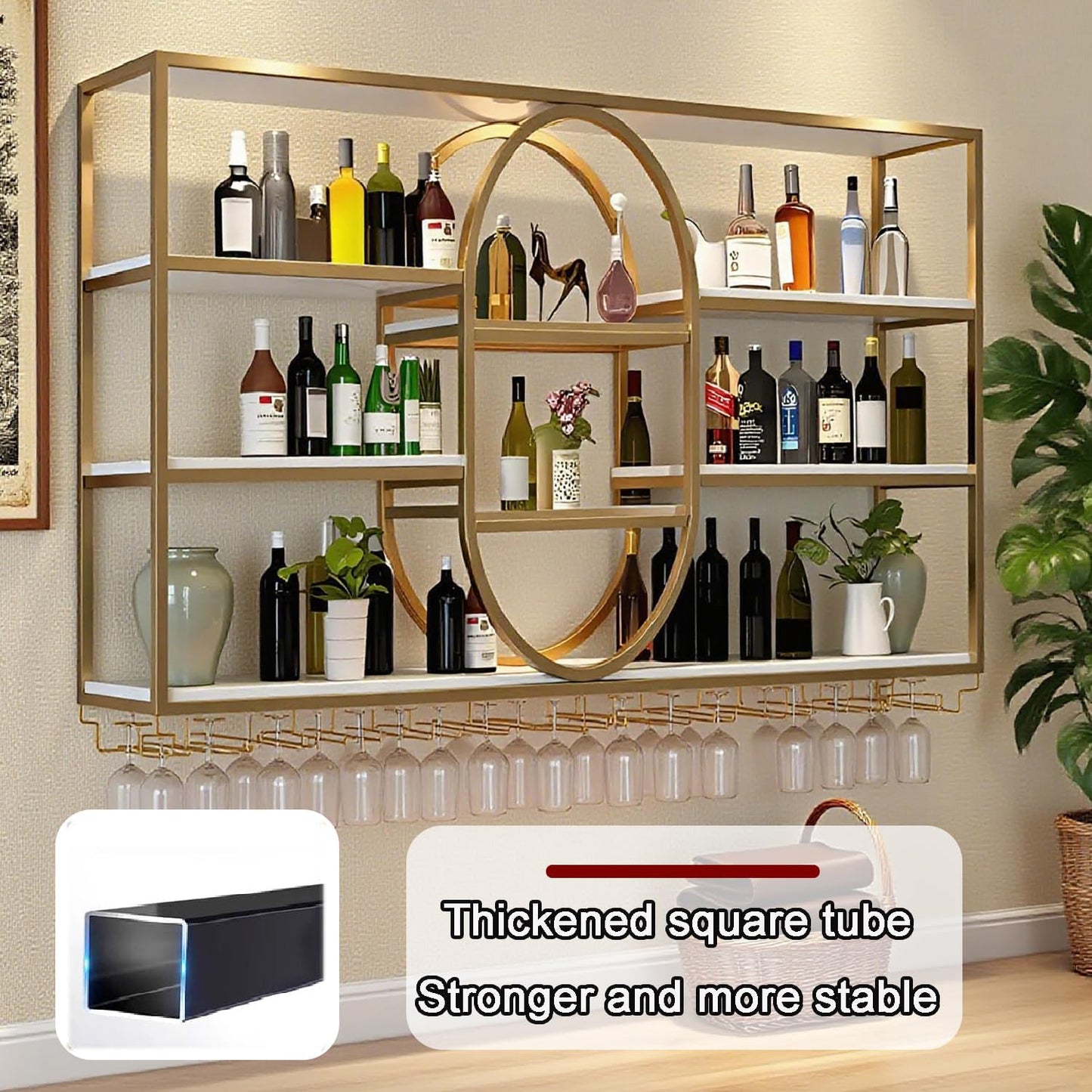 47.2IN Large Wall Mount Wine Rack, Metal 4 Tier Hanging Bottle Holder with Wine Glass Storage Racks, Modern Floating Wine Shelves for Home Bar Dining Room Decoration (Gold)