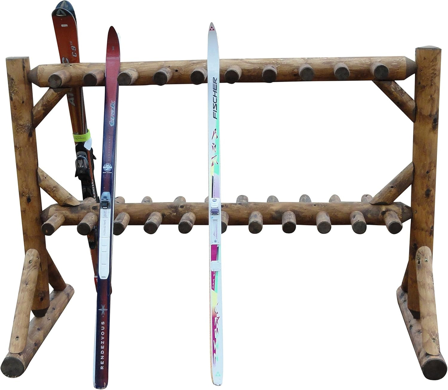 17-Place Freestanding Log Ski Rack Holder, Indoor & Outdoor Snowboard Racks, Standing Storage, Garage Racks for Snow Skis, Durable Snowboard Rack Garage Storage Organizer - Canyon Brown