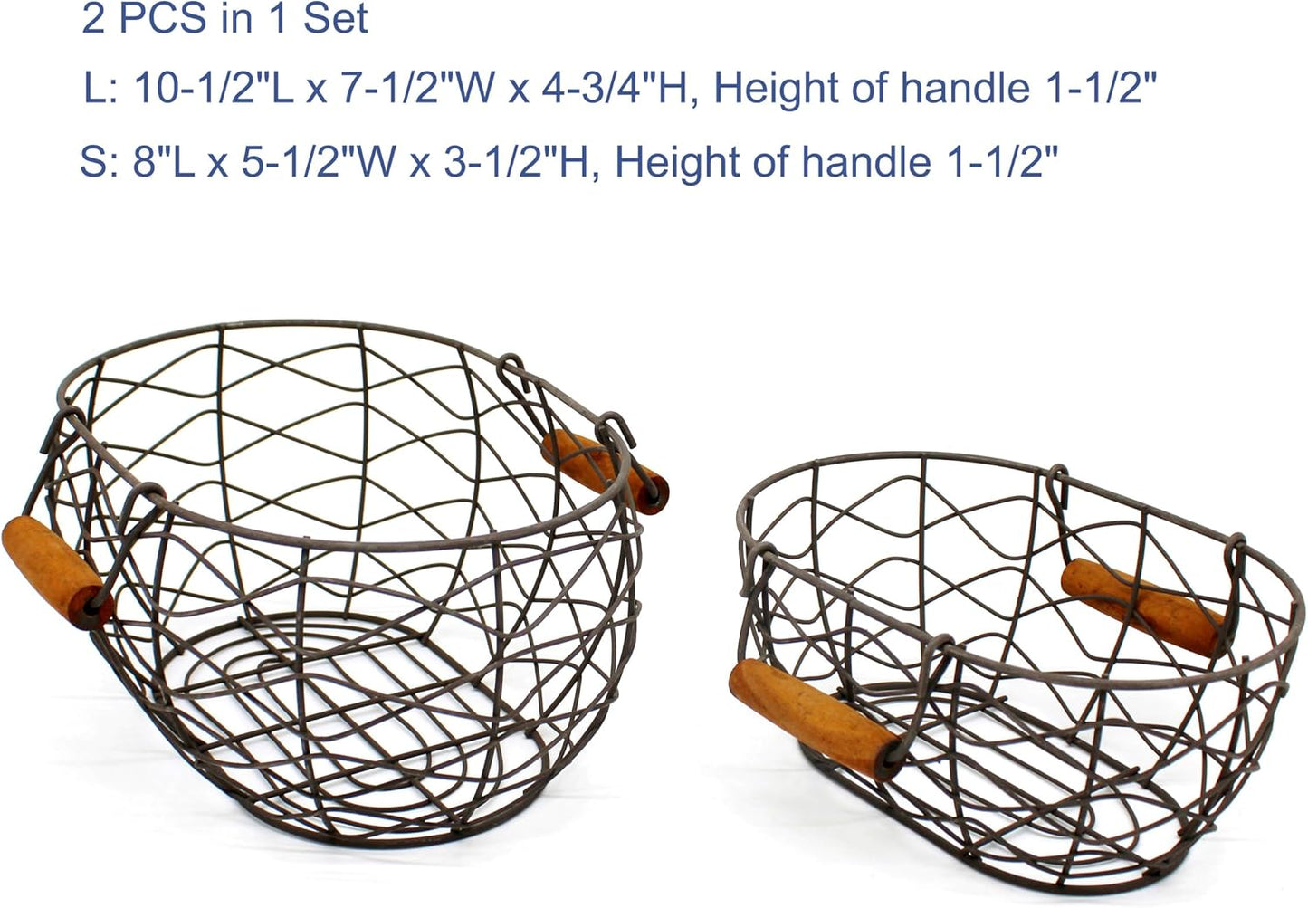 CVHOMEDECO. Oval Wire Egg Baskets Rustic Fruit Baskets with Wooden Handles Primitives Vintage Gathering Basket. Rusty, Set of 2
