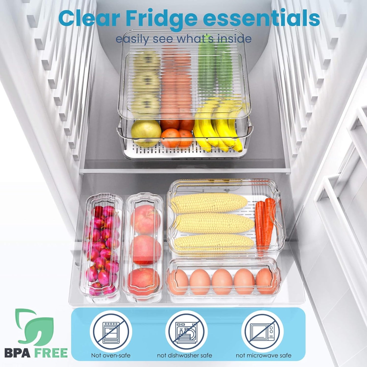 8 Pack Refrigerator Organizers and Storage, Clear Pull-out Drawer Container and Organizer Bins with Lids, Stackable Storage Containers for Fruits, Vegetable (Set of 8 (Include Pull-out Drawer))
