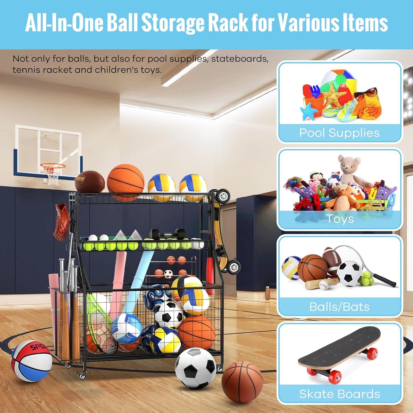 Sports Equipment Garage Organizer - Heavy Duty Garage Organization Ball Storage Rack with Basket, Hooks and Rolling Cart for Sports Gear and Toy Storage, Indoor/Outdoor Use, Black
