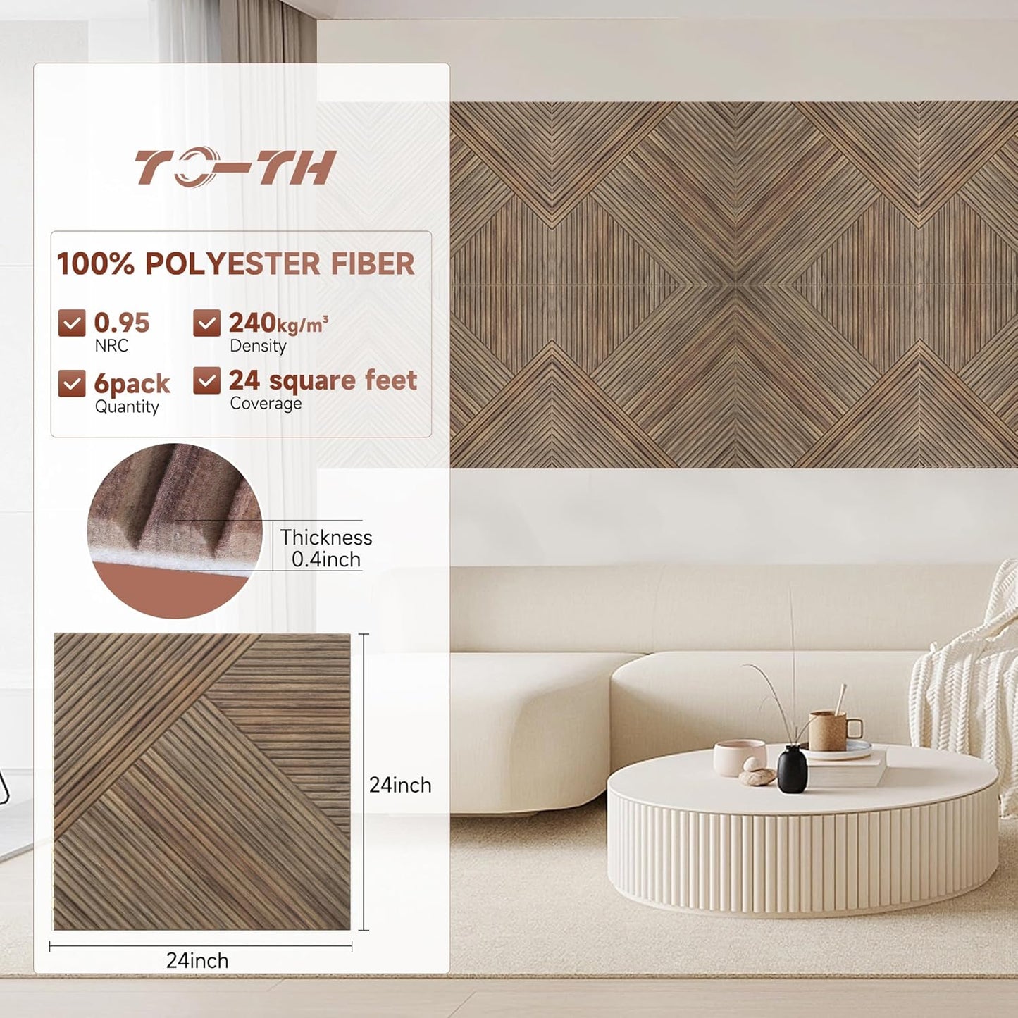 TO-TH Acoustic Panels for Wall and Ceiling - 6 Pack 2'x2'x0.4,Self-Adhesive 3D UV Printing Decorative Wall Panels with Wood Look,Natural Walnut